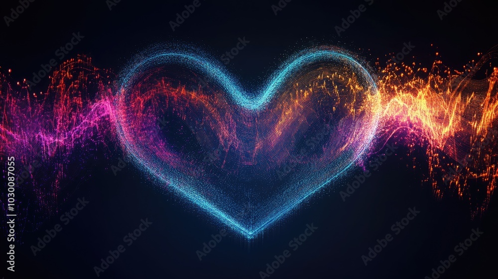 Vibrant neon heart with colorful light trails on dark background Vibrant neon heart with colorful light trails on dark background