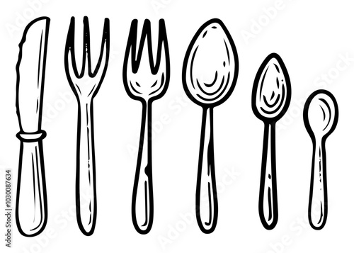 Cutlery set hand drawn doodle. Tablespoon, fork, knife, dessert spoon for eating food. Tableware. Kitchen utensils. Dining table setting. Vector sketch line art illustration.