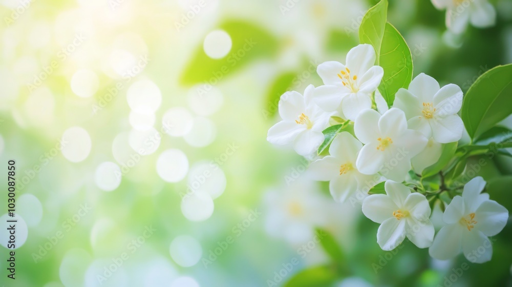 Close up of a cluster of delicate white flowers blooming on a branch with green leaves, bathed in soft sunlight. Close up of a cluster of delicate white flowers blooming on a branch with green leaves, bathed in soft sunlight.