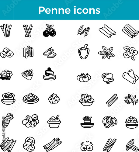 Penne icons line Italian tube pasta vector traditional food dish cuisine illustration set penne rigate noodles