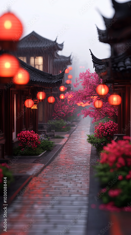 Fototapeta premium An ancient Chinese town on a rainy day, the view from a Chinese-style window reveals the streets and alleys below. Red lanterns hang from the buildings, and stone roads lead to the houses.