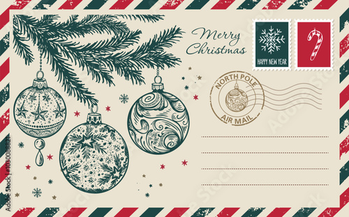 Christmas mail, postcard, hand drawn illustration.	
