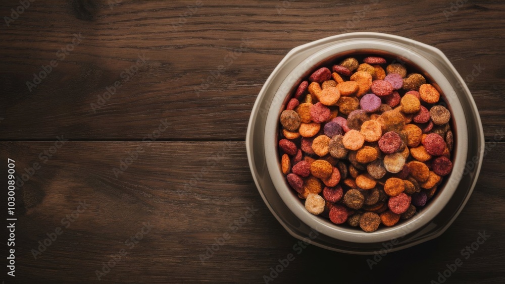 Top-down view of a ceramic pet bowl filled with colorful kibble, placed on a wooden table, highlighting pet food and nutrition for dogs or cats Top-down view of a ceramic pet bowl filled with colorful kibble, placed on a wooden table, highlighting pet food and nutrition for dogs or cats