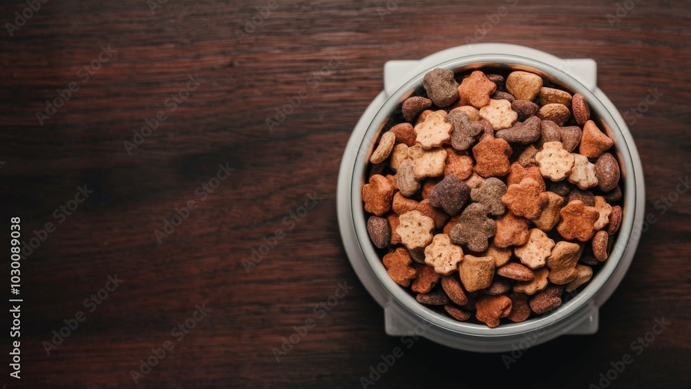 Minimalistic image of a pet bowl filled with colorful, star-shaped kibble, placed on a dark wooden surface Minimalistic image of a pet bowl filled with colorful, star-shaped kibble, placed on a dark wooden surface