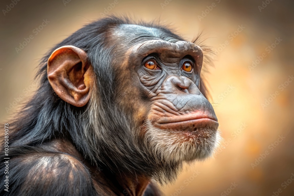 Inquisitive Animated Chimpanzee on Light Beige Background - Macro Photography of Curious Primate, Wildlife Close-up, Animal Portrait, Nature Photography, Cute Chimp, Curious Expression Inquisitive Animated Chimpanzee on Light Beige Background - Macro Photography of Curious Primate, Wildlife Close-up, Animal Portrait, Nature Photography, Cute Chimp, Curious Expression