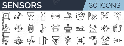 Set of 30 outline icons related to sensors. Linear icon collection. Editable stroke. Vector illustration