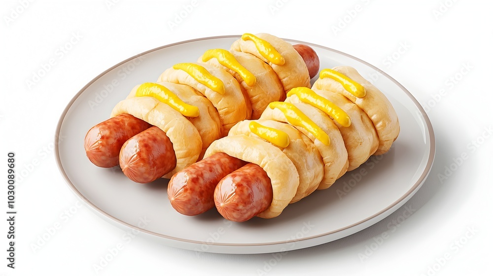 Delectable 3D Rendered Plate of Pigs in a Blanket with Mustard Dipping Sauce isolated on white background Delectable 3D Rendered Plate of Pigs in a Blanket with Mustard Dipping Sauce isolated on white background