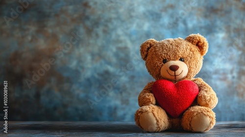 Stuffed bear holding red heart, symbolizing love and affection