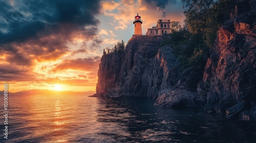 Split Rock Lighthouse on Lake Superior: Captured with Nikon D850, Showcasing Natural Light in National Geographic Style. Stunning Landscape Photography. photo