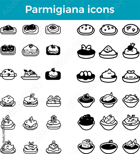 Parmigiana icons line Italian baked dish cheese tomato eggplant vector traditional food cuisine illustration set