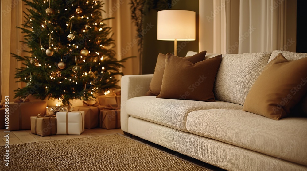 Cozy Living Room with Christmas Tree and Gifts Cozy Living Room with Christmas Tree and Gifts