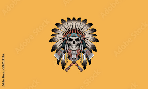 Skull with Native American headdress and crossed tomahawks.