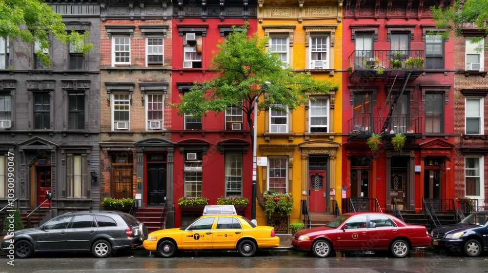 Fototapeta premium A Yellow Taxi Parked In Front Of Colorful Townhouses In New York City