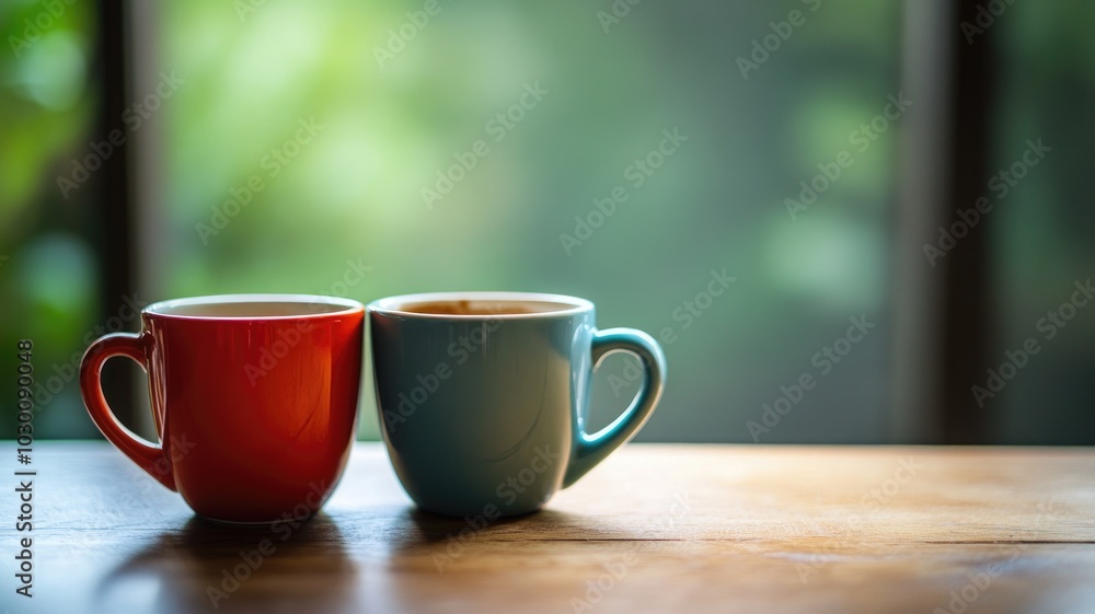 Obraz premium Two coffee mugs, one red, blue, on wooden table with blurred green background