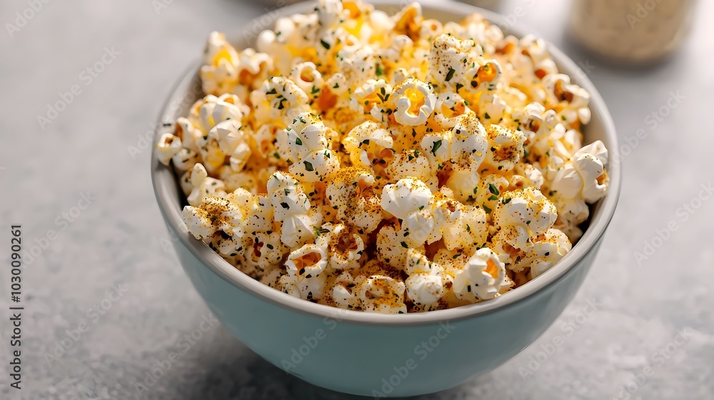Delectable 3D Rendered Bowl of Herb and Spice Seasoned Buttered Popcorn for Movie Night Indulgence Delectable 3D Rendered Bowl of Herb and Spice Seasoned Buttered Popcorn for Movie Night Indulgence
