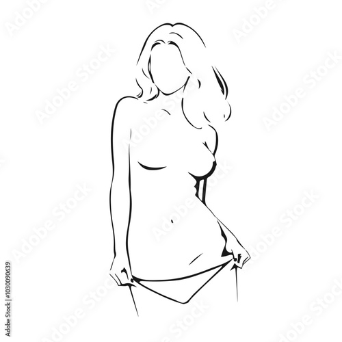 Trendy Line Art Woman Body Minimalistic Black Lines Drawing. Female Figure Continuous One Line Abstract Drawing. Modern Scandinavian Design. Naked Body Art. Vector Illustration.