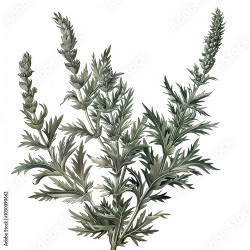 Artemisia Absinthium Botanical Illustration, Wormwood, Mugwort, Sagebrush Medicinal Plant