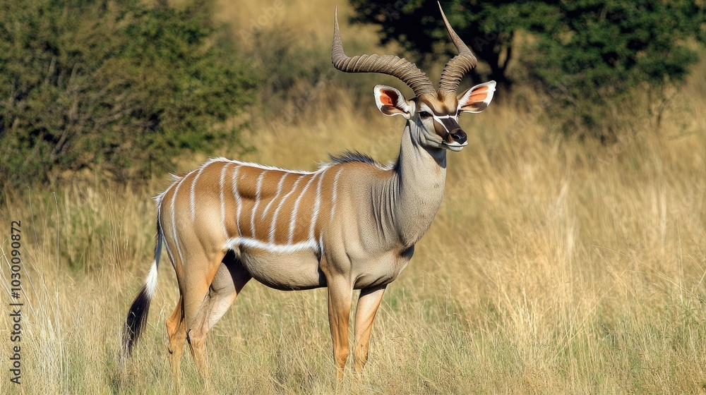 A male kudu with long, twisted horns standing majestically in an open field. A male kudu with long, twisted horns standing majestically in an open field.