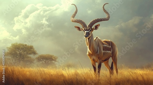 A male kudu with long, twisted horns standing majestically in an open field.