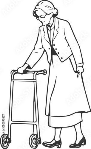 Black Sketch Linear Drawing of Old Woman. A Old Woman with Walking Frame. Vector Cartoon Line Art Illustration. Minimalistic Health Concept for Trendy Graphics