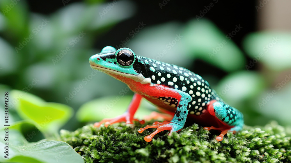 Vibrant spotted frog perched on lush green moss in a natural rainforest setting Vibrant spotted frog perched on lush green moss in a natural rainforest setting