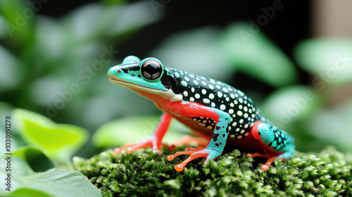 Vibrant spotted frog perched on lush green moss in a natural rainforest setting