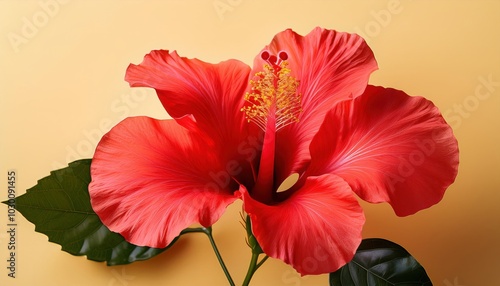 Vivid Red Hibiscus Flower in Full Bloom with Intricate Petal Details, Set Against a Warm Yellow Backdrop. Ideal for Nature Photography, Tropical-Themed Designs, Spa Marketing, or Summer Advertising