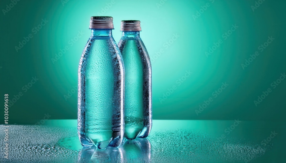 Close-up of Chilled Water Bottle with Droplets Against a Teal Background. Ideal for Hydration Concepts, Refreshing Product Displays, Beverage Advertising, and Eco Friendly Packaging Promotion