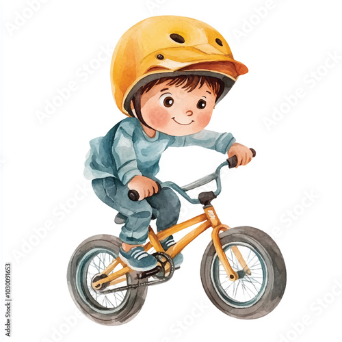cute boy playing bmx watercolor clipart illustration  (11)