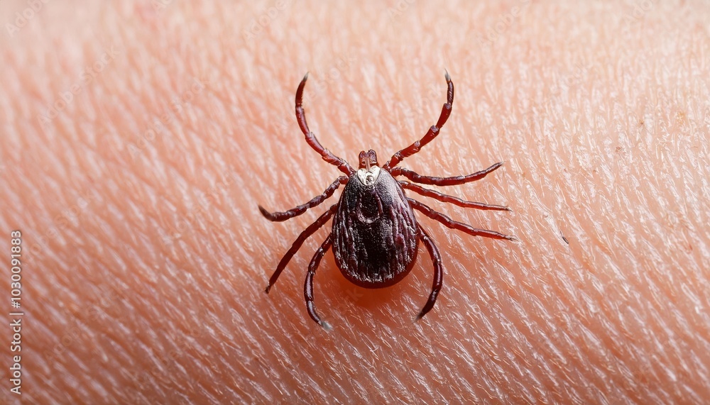 Macro Close-Up of a Deer Tick (Ixodes scapularis) Feeding on Human Skin. Detailed View of Arachnid Legs, Body, and Embedded Feeding Site. Risk of Lyme Disease and Other Tick-borne Illnesses Macro Close-Up of a Deer Tick (Ixodes scapularis) Feeding on Human Skin. Detailed View of Arachnid Legs, Body, and Embedded Feeding Site. Risk of Lyme Disease and Other Tick-borne Illnesses