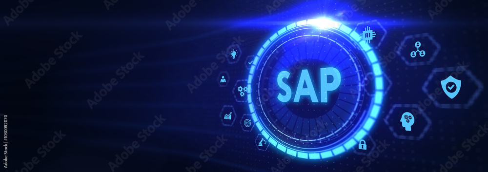 SAP System Software Automation concept on virtual screen data center. Business, modern technology, internet and networking concept. 3d illustration SAP System Software Automation concept on virtual screen data center. Business, modern technology, internet and networking concept. 3d illustration