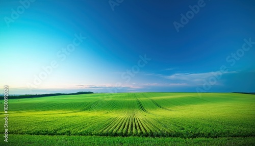 Expansive Green Field Under a Vast Blue Sky with Rolling Clouds. Ideal Stock Photo for Environmental, Agricultural, and Outdoor Branding Concepts or Scenic Landscape Design Projects