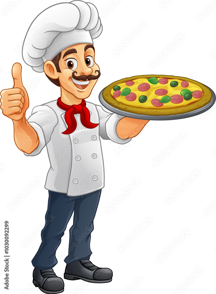 A chef cook holding a pizza cartoon food man mascot character illustration A chef cook holding a pizza cartoon food man mascot character illustration