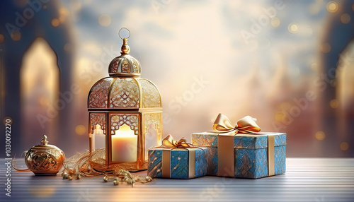 Wooden table decorated with Ramadan ornaments and small gift boxes.