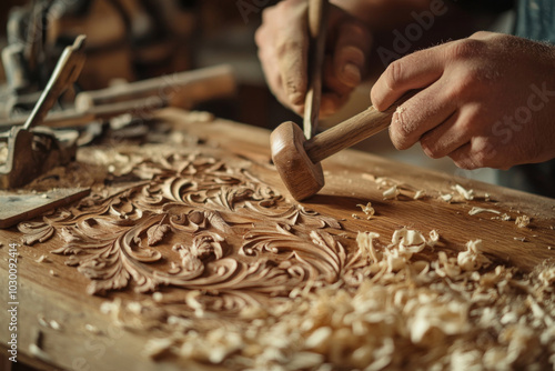 A skilled carpenter uses a mallet and chisel to carve beautiful, intricate patterns into a wooden surface, surrounded by shavings and tools in a bustling workshop.