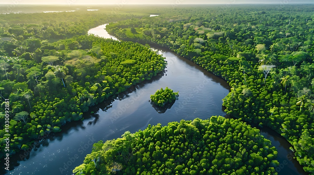 Aerial View of a Winding River Through Lush Green Mangrove Forest Aerial View of a Winding River Through Lush Green Mangrove Forest