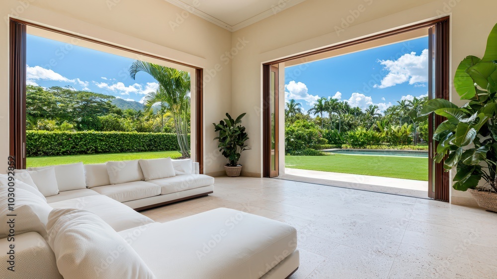 Elegant living room with folding doors showcasing a stunning garden and outdoor oasis. Elegant living room with folding doors showcasing a stunning garden and outdoor oasis.