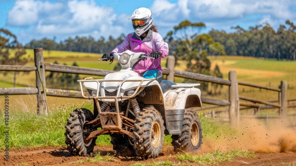 Obraz premium Woman riding an ATV on a dirt track, kicking up dust.