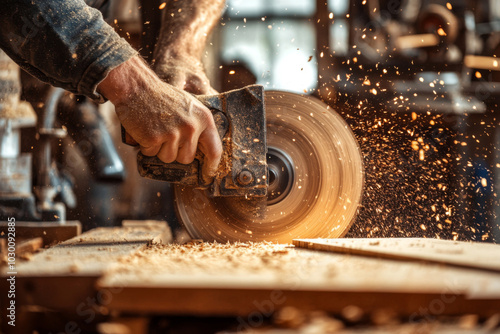 Wood shavings fill the air as a carpenter expertly guides a power tool along a wooden board, showcasing craftsmanship in a well-lit workshop.