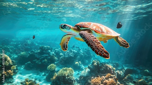 A sea turtle swimming gracefully through the ocean, surrounded by coral and fish.