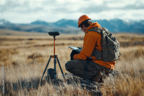 A geologist kneels on the ground while utilizing surveying equipment in a remote mountainous area. The vast landscape features grassland and distant peaks.
