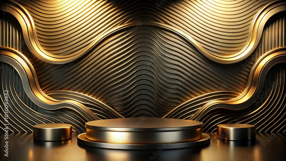 Luxurious Golden Background with Podium and 3D Product Line, Elegant Panoramic Photography for Premium Branding and Advertising Luxurious Golden Background with Podium and 3D Product Line, Elegant Panoramic Photography for Premium Branding and Advertising