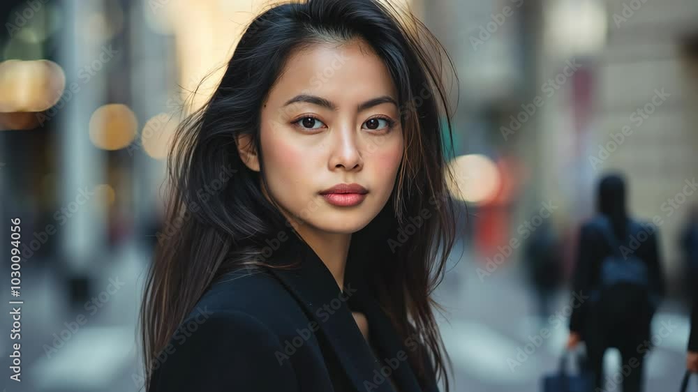 Japanese businesswoman look confident standing at metropolis city street Japanese businesswoman look confident standing at metropolis city street