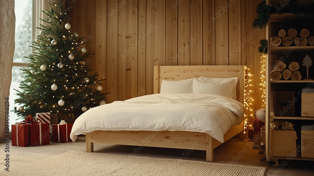 Cozy Bedroom with Christmas Tree and Presents Cozy Bedroom with Christmas Tree and Presents