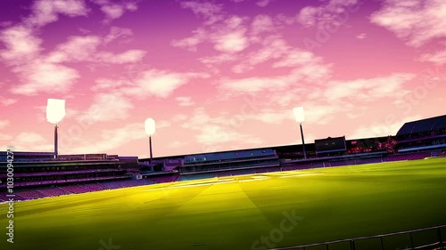 3D Animation of a Cricket Stadium Under a Purple Sky