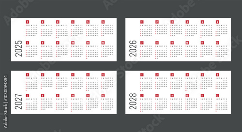 calendar for 2025 2026 2027 2028 starts sunday, vector calendar design