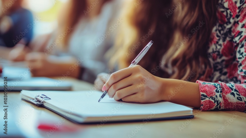 Young Woman Studying and Writing in Notebook at Desk in College or University Setting Young Woman Studying and Writing in Notebook at Desk in College or University Setting
