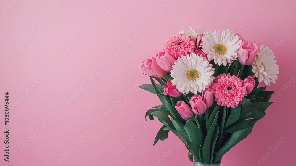 Springtime bouquet of vibrant daisies and tulips, perfect for adding your custom text or message. Springtime bouquet of vibrant daisies and tulips, perfect for adding your custom text or message.