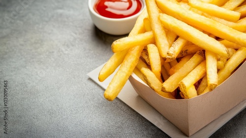 Crispy French fries with dipping sauce, warm glow, street food snacks, classic snack