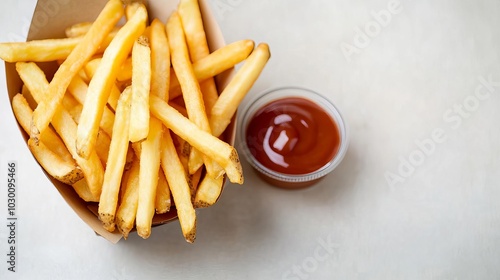 Crispy French fries with dipping sauce, warm glow, street food snacks, classic snack